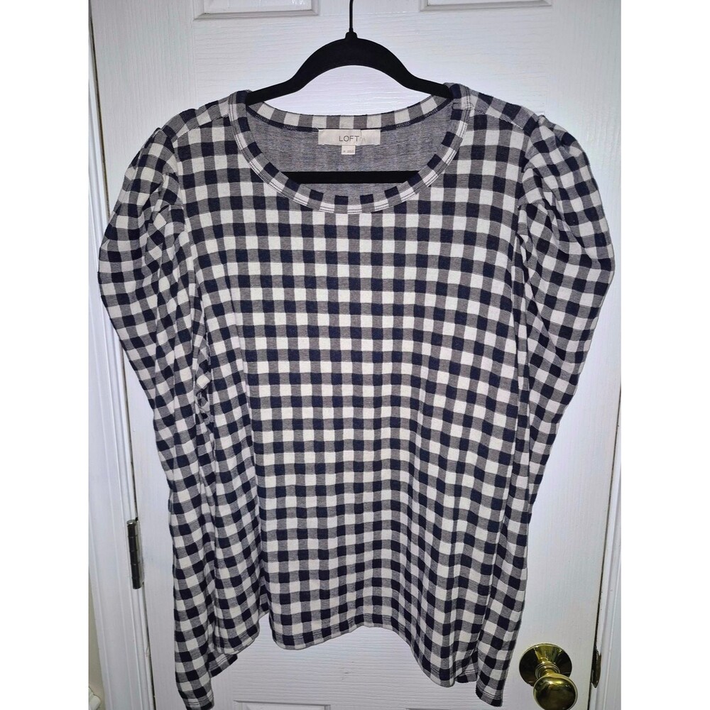 LOFT Black and White Gingham Puff-Sleeve Top XL